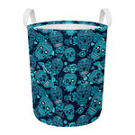 Teal Sugar Skull Flower Pattern Print Round Laundry Basket