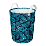 Teal Sugar Skull Flower Pattern Print Round Laundry Basket