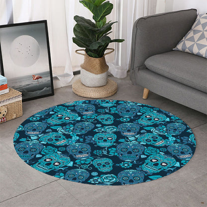 Teal Sugar Skull Flower Pattern Print Round Rug