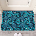 Teal Sugar Skull Flower Pattern Print Rubber Doormat