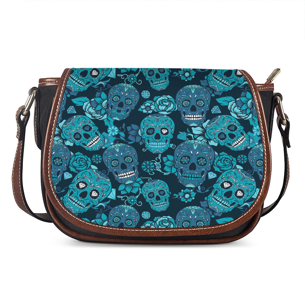 Teal Sugar Skull Flower Pattern Print Saddle Bag
