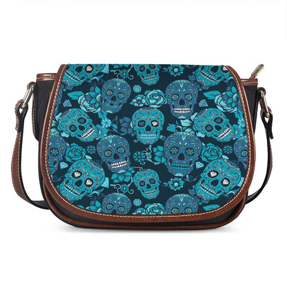 Teal Sugar Skull Flower Pattern Print Saddle Bag