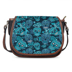 Teal Sugar Skull Flower Pattern Print Saddle Bag