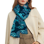 Teal Sugar Skull Flower Pattern Print Scarf