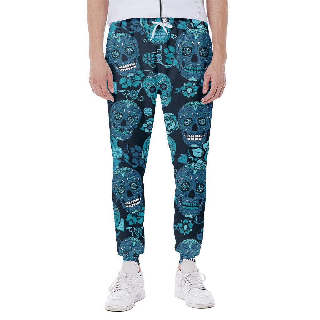 Teal Sugar Skull Flower Pattern Print Scuba Joggers