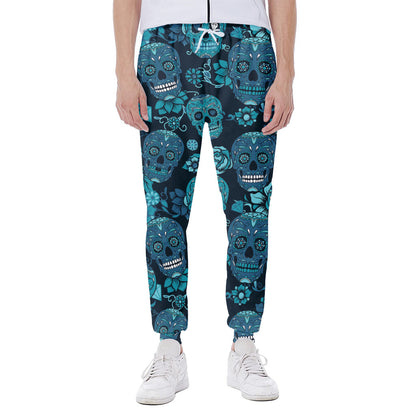 Teal Sugar Skull Flower Pattern Print Scuba Joggers