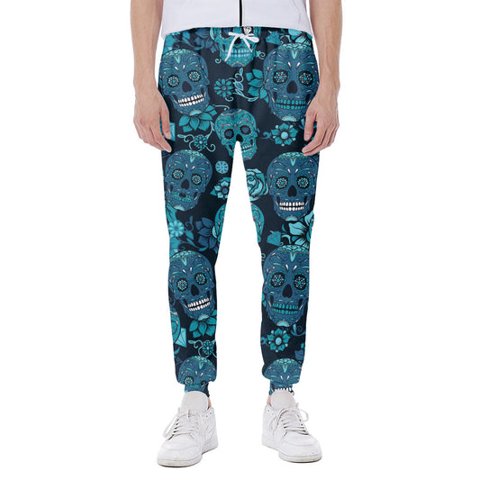 Teal Sugar Skull Flower Pattern Print Scuba Joggers