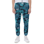 Teal Sugar Skull Flower Pattern Print Scuba Joggers