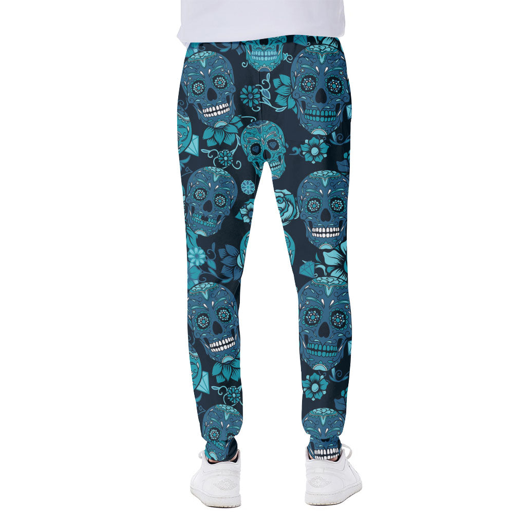 Teal Sugar Skull Flower Pattern Print Scuba Joggers