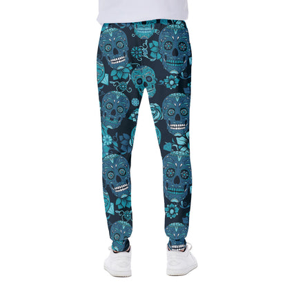 Teal Sugar Skull Flower Pattern Print Scuba Joggers