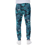 Teal Sugar Skull Flower Pattern Print Scuba Joggers