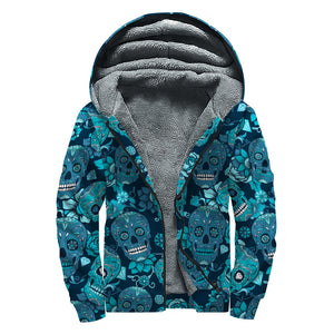 Teal Sugar Skull Flower Pattern Print Sherpa Lined Zip Up Hoodie