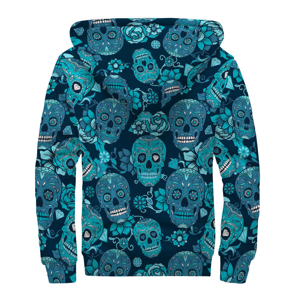 Teal Sugar Skull Flower Pattern Print Sherpa Lined Zip Up Hoodie