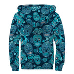 Teal Sugar Skull Flower Pattern Print Sherpa Lined Zip Up Hoodie