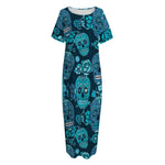 Teal Sugar Skull Flower Pattern Print Short Sleeve Long Nightdress