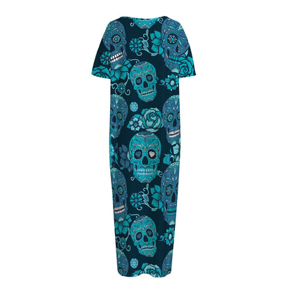Teal Sugar Skull Flower Pattern Print Short Sleeve Long Nightdress