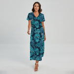 Teal Sugar Skull Flower Pattern Print Short Sleeve Maxi Dress