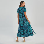Teal Sugar Skull Flower Pattern Print Short Sleeve Maxi Dress