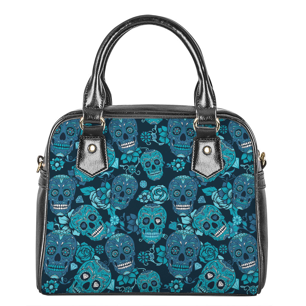 Teal Sugar Skull Flower Pattern Print Shoulder Handbag