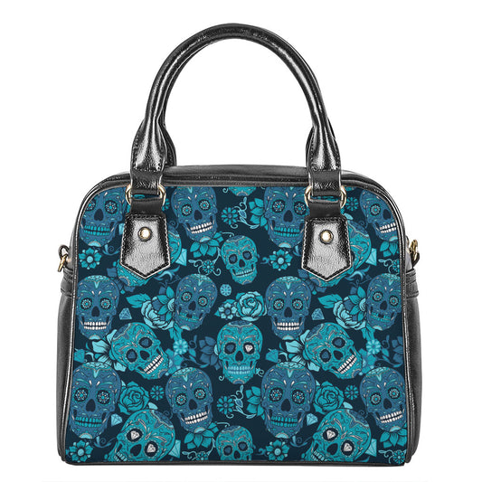 Teal Sugar Skull Flower Pattern Print Shoulder Handbag