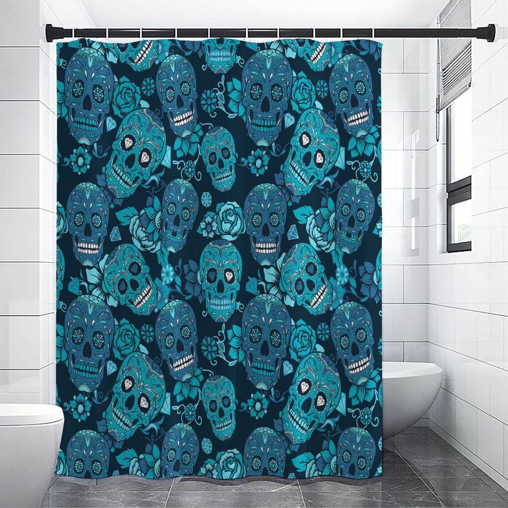Teal Sugar Skull Flower Pattern Print Shower Curtain