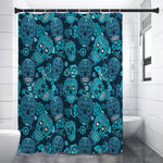Teal Sugar Skull Flower Pattern Print Shower Curtain