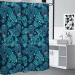 Teal Sugar Skull Flower Pattern Print Shower Curtain
