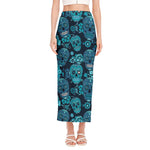 Teal Sugar Skull Flower Pattern Print Side Slit Maxi Skirt