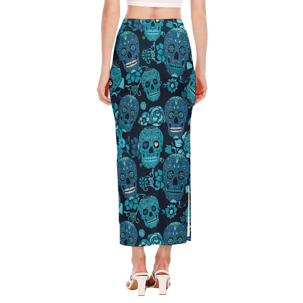 Teal Sugar Skull Flower Pattern Print Side Slit Maxi Skirt