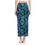 Teal Sugar Skull Flower Pattern Print Side Slit Maxi Skirt