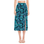 Teal Sugar Skull Flower Pattern Print Side Slit Midi Skirt