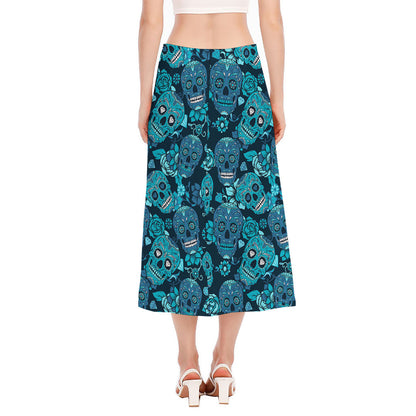 Teal Sugar Skull Flower Pattern Print Side Slit Midi Skirt