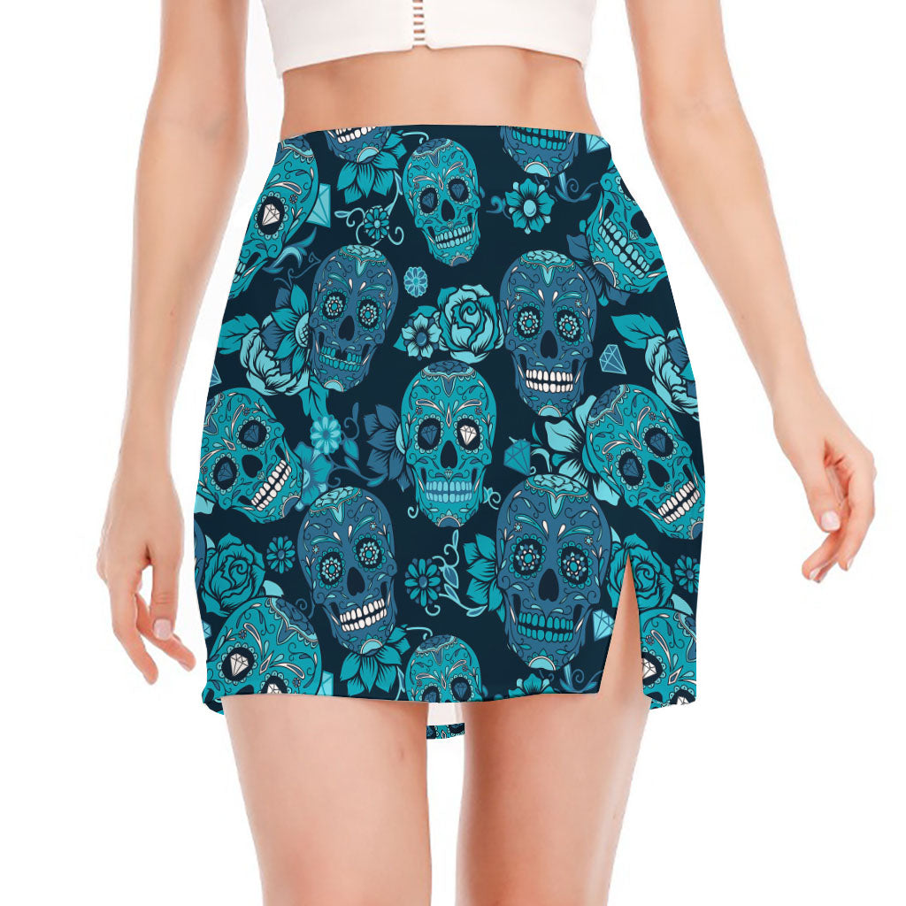 Teal Sugar Skull Flower Pattern Print Side Slit Mini Skirt