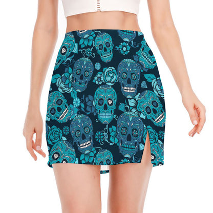 Teal Sugar Skull Flower Pattern Print Side Slit Mini Skirt