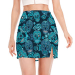 Teal Sugar Skull Flower Pattern Print Side Slit Mini Skirt