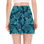 Teal Sugar Skull Flower Pattern Print Side Slit Mini Skirt
