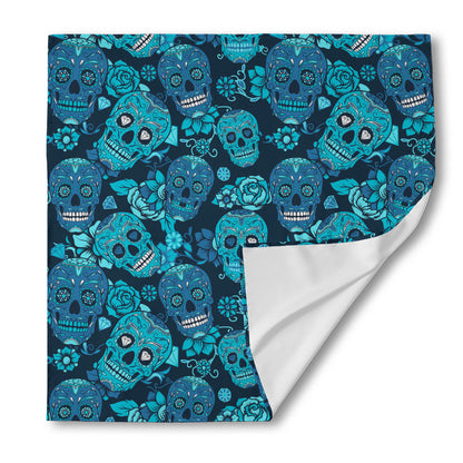 Teal Sugar Skull Flower Pattern Print Silk Bandana