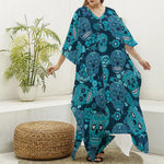 Teal Sugar Skull Flower Pattern Print Silk V-Neck Kaftan Dress