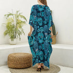 Teal Sugar Skull Flower Pattern Print Silk V-Neck Kaftan Dress