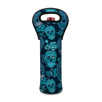 Teal Sugar Skull Flower Pattern Print Single Neoprene Wine Tote