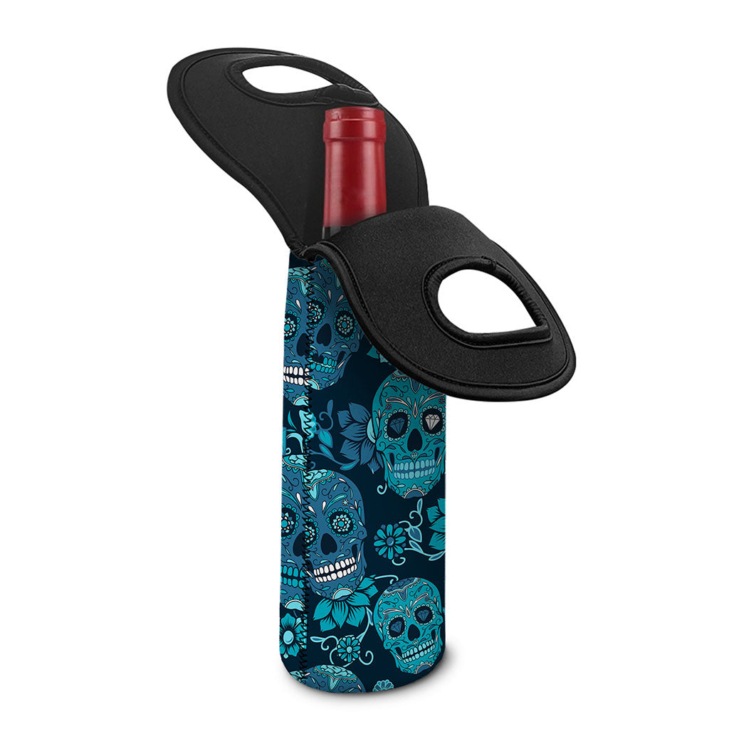 Teal Sugar Skull Flower Pattern Print Single Neoprene Wine Tote