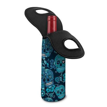 Teal Sugar Skull Flower Pattern Print Single Neoprene Wine Tote