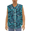 Teal Sugar Skull Flower Pattern Print Sleeveless Baseball Jersey