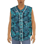 Teal Sugar Skull Flower Pattern Print Sleeveless Baseball Jersey
