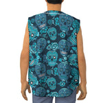 Teal Sugar Skull Flower Pattern Print Sleeveless Baseball Jersey