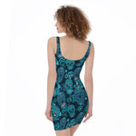 Teal Sugar Skull Flower Pattern Print Sleeveless Bodycon Dress