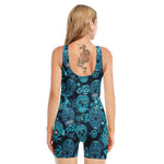 Teal Sugar Skull Flower Pattern Print Sleeveless One Piece Swimsuit