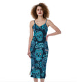 Teal Sugar Skull Flower Pattern Print Slim Fit Midi Cami Dress