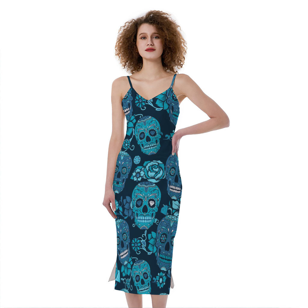 Teal Sugar Skull Flower Pattern Print Slim Fit Midi Cami Dress