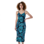 Teal Sugar Skull Flower Pattern Print Slim Fit Midi Cami Dress